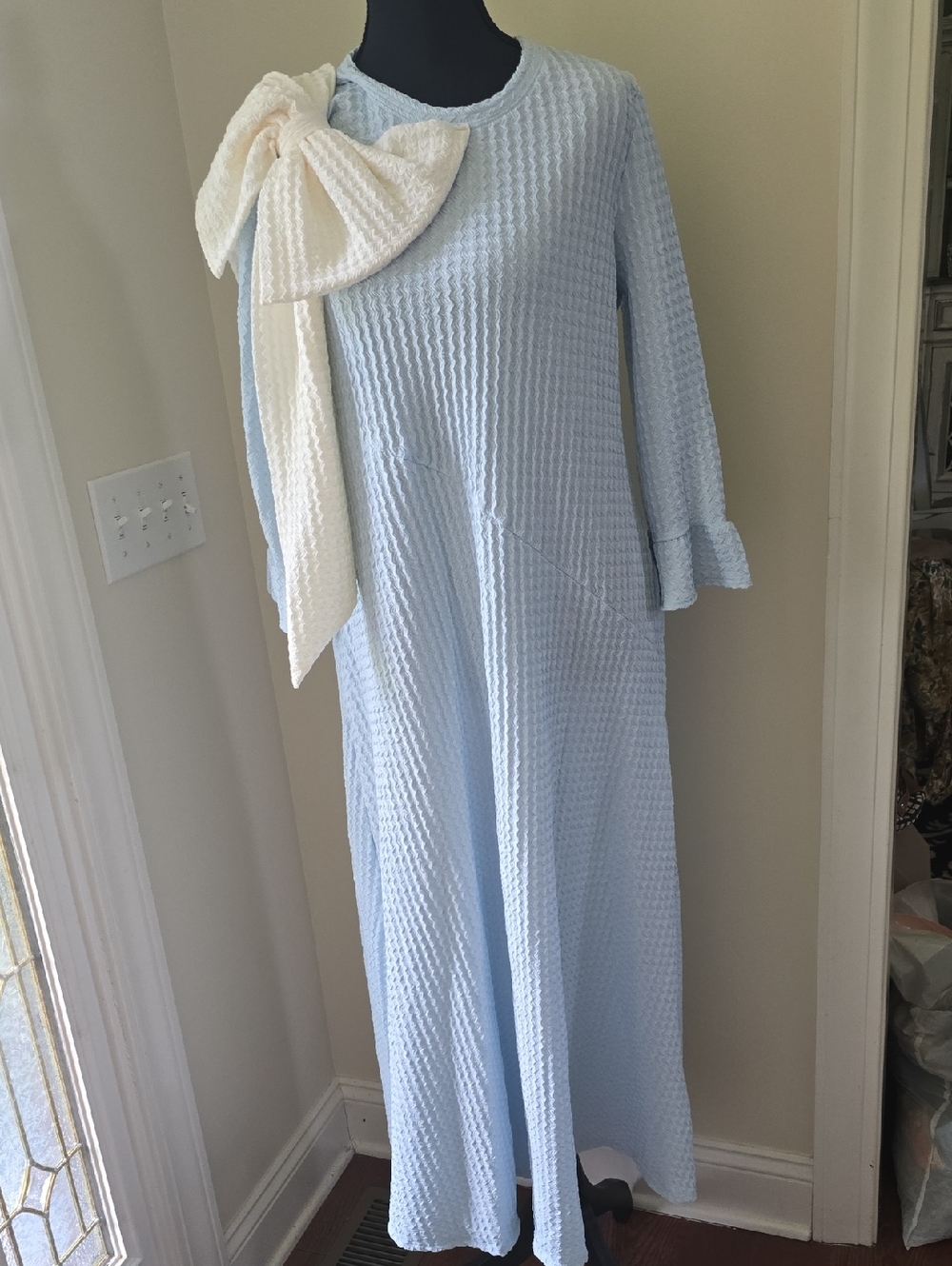 Light Blue Textured Maxi Dress with Cream Bow Accent